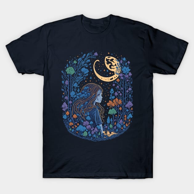 Cute Girl in the Woods at Night Time T-Shirt by ElMass